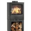 An Arada Farringdon Medium wood or multi-fuel stove shown against a white background with attached log store.