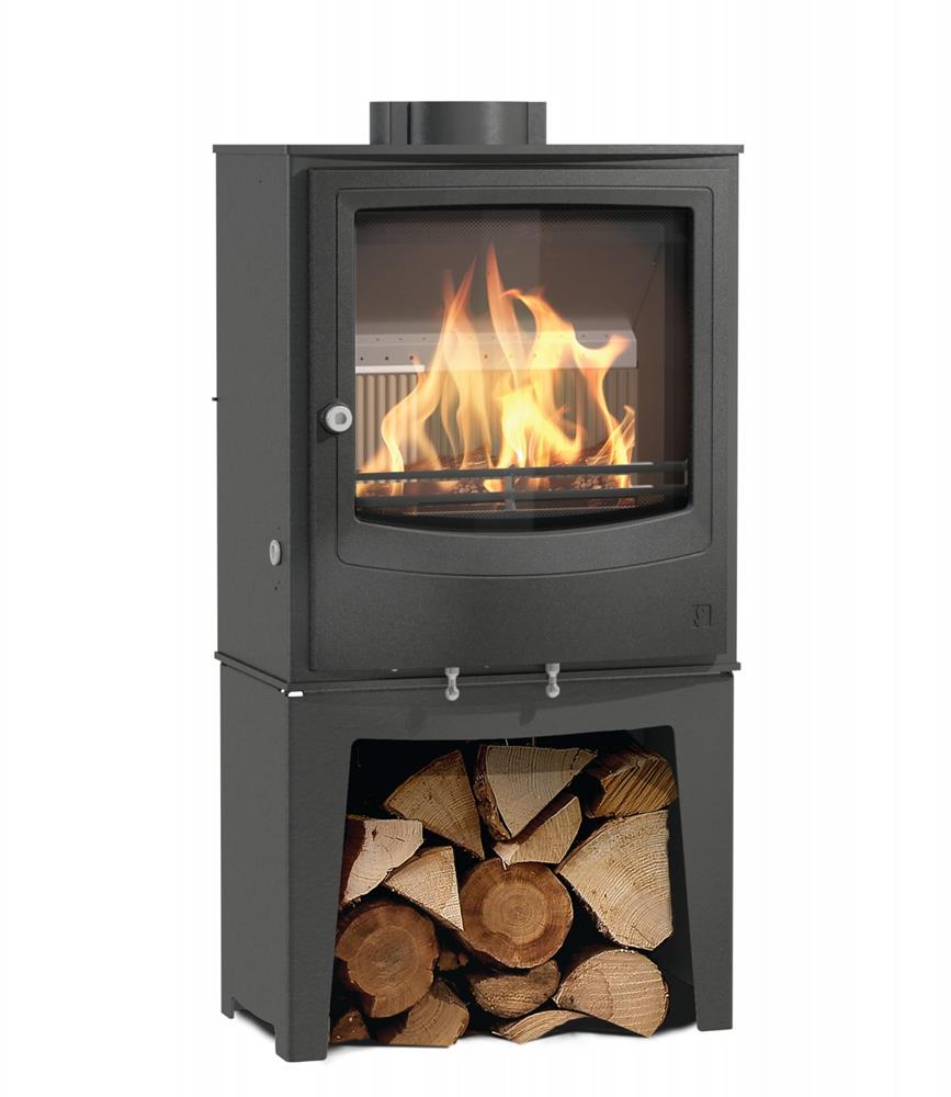 An Arada Farringdon Medium wood or multi-fuel stove shown against a white background with attached log store.