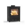 An Arada Farringdon Small multi fuel stove shown against a white background with burning logs inside.