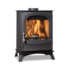 The Arada Holborn 5 multi-fuel stove, on a white background with logs burning inside.