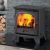 Capital's Avebury multi fuel stove shown in a contemporary fireplace with rear flue.