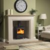 Charlton & Jenrick Fireline FA5W multi-fuel stove shown in a traditional stone fireplace and green painted walls.