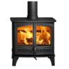 The Hunter Herald 5 slimline wood-burning stove with double doors to the front, shown against a white background with logs burning inside.