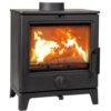 The Skiddaw multi-fuel stove shown with logs burning inside with a white background.
