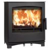 A Tinderbox large multi-fuel stove shown against a white background with logs burning inside.