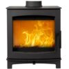 A Tinderbox large stove shown against a white background with logs burning inside.