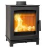 A Tinderbox medium stove shown against a white background with logs burning inside.