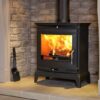 The Portway Rochester 7 multi-fuel stove shown in a contemporary fireplace.