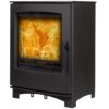 A Tinderbox medium multi-fuel stove shown against a white background with logs burning inside.
