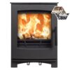 A Tinderbox small multi-fuel stove shown against a white background with logs burning inside.