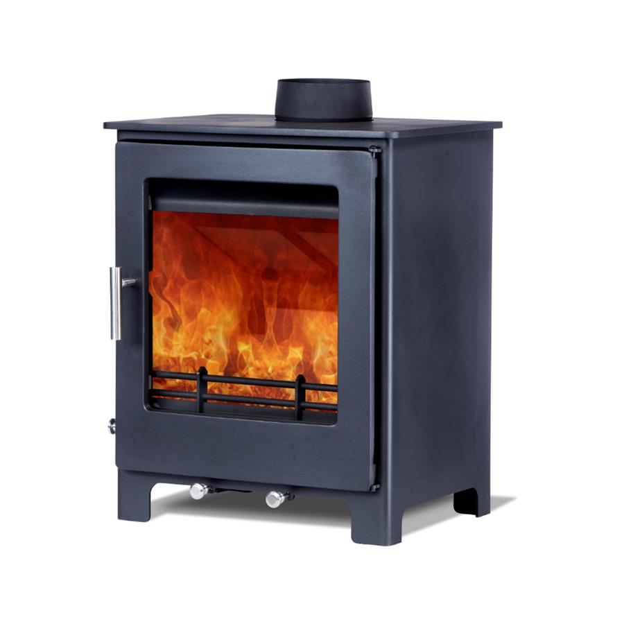The Woodford Lowry 5X multi-fuel stove shown at a slight angle on a white background with a roaring fire within.
