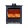 The Woodford Lowry 5XL wide multi-fuel stove shown on a white background with a roaring fire within.