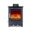 The Woodford Lowry multi-fuel stove shown on a white background with a roaring fire within.
