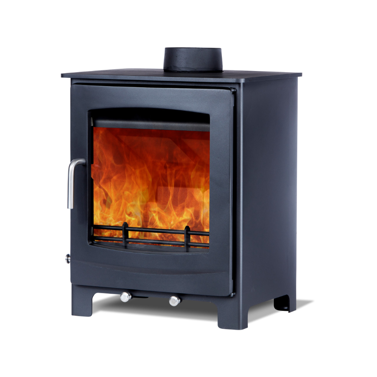 The Woodford Turing 5X multi-fuel stove shown at a slight angle on a white background with a roaring fire within.