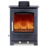 The Woodford Turing multi-fuel stove shown on a white background with a roaring fire within.
