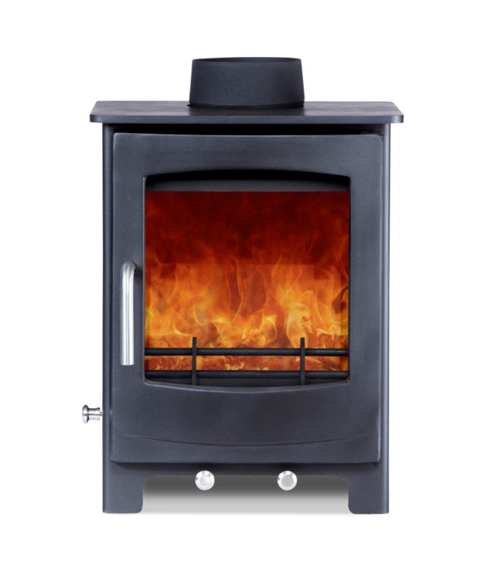 The Woodford Turing multi-fuel stove shown on a white background with a roaring fire within.
