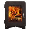 A Saltfire ST2 stove with logs burning inside on a plain white background