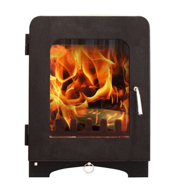 A Saltfire ST2 stove with logs burning inside on a plain white background