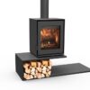 The Dik Geurts Modivar 5 stove which has a floating platform, shown against a white background with the log store on one side and the stove 'floating' above.