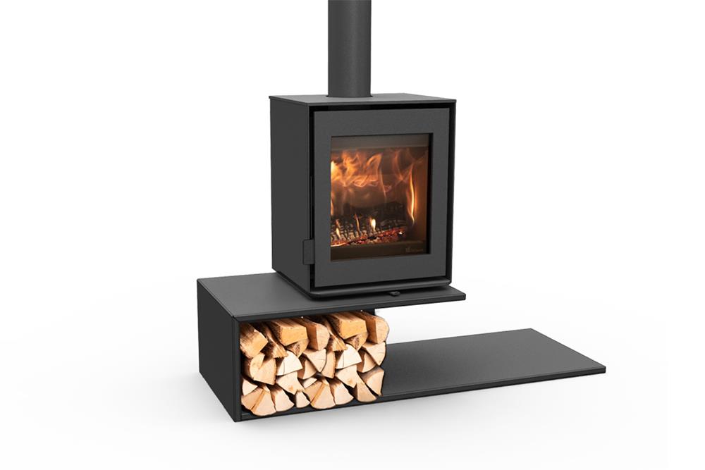 The Dik Geurts Modivar 5 stove which has a floating platform, shown against a white background with the log store on one side and the stove 'floating' above.