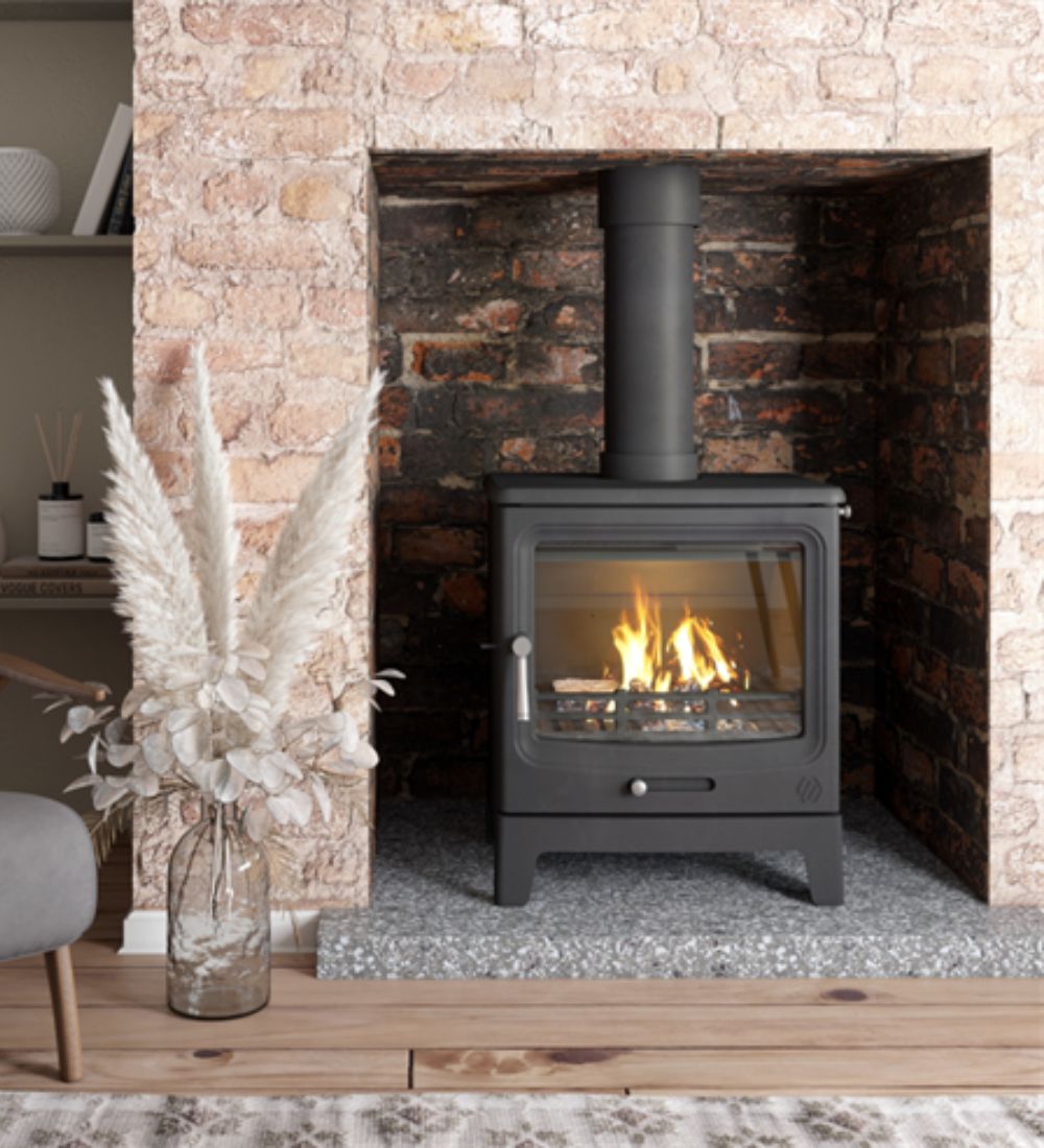 An F2 Vue Landscape stove in a brick fireplace