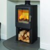 A Mendip Ashcott woodburning stove with log store beneath shown in a white painted fireplace with grey hearth.