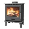 A Saltfire Classic stove shown against a white background with logs burning inside.