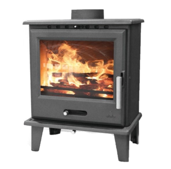 A Saltfire Classic stove shown against a white background with logs burning inside.