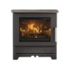 A Heta Inspire 45 wood burning stove shown with fuel burning against a white background