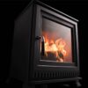 A close-up view of a Dik Geurts Aste 5 stove with fuel burning inside.