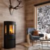 Termtech tt23rg stove shown in a living room overlooking a snowy scene