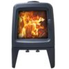 An MI Stoves Tinderbox Firepod multi fuel stove, shown against a white background with burning flames showing through the viewing window.