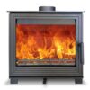A Woodford Pankhurst wood-burning stove shown against a white background with logs burning inside.