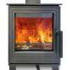 A Woodford Pankhurst wood-burning stove shown against a white background with logs burning inside.