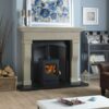 Burley Launde Woodburning Stove shown alight in a living room with grey painted walls