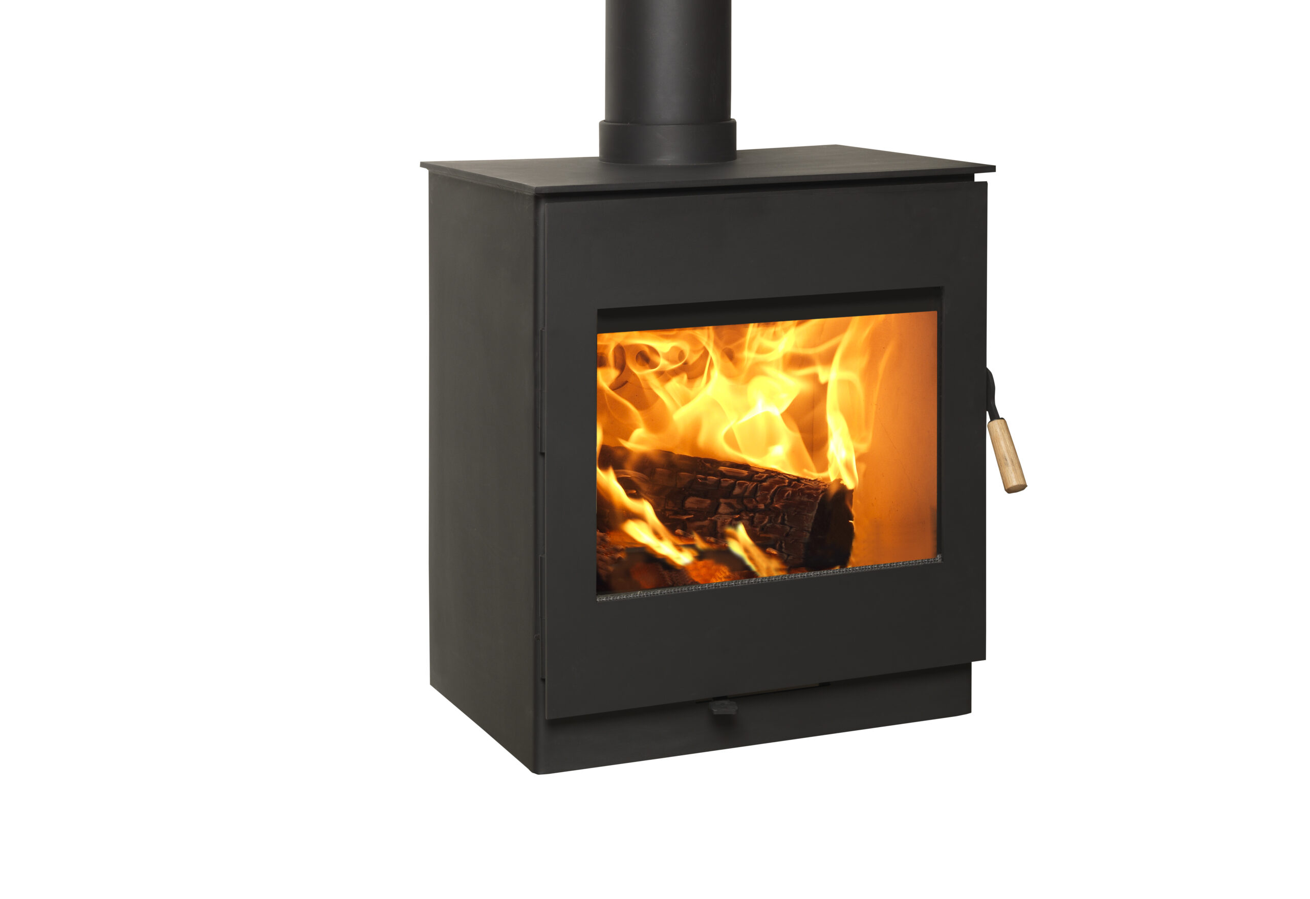 Burley Swithland Woodburning Stove shown alight in a white room