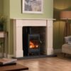 Burley Thorncombe Woodburning Stove shown alight in a living room with green painted walls