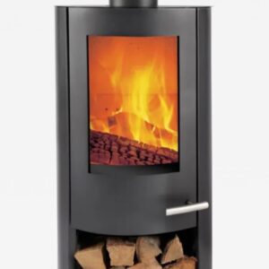 A slim, streamlined cylindrical free-standing stove shown against a white background with burning logs inside.