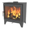 A black woodburning stove shown isolated against a white background