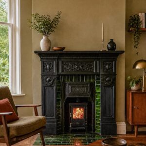 A salamander hobbit stove pictured in a living room with a traditional fireplace surround in black